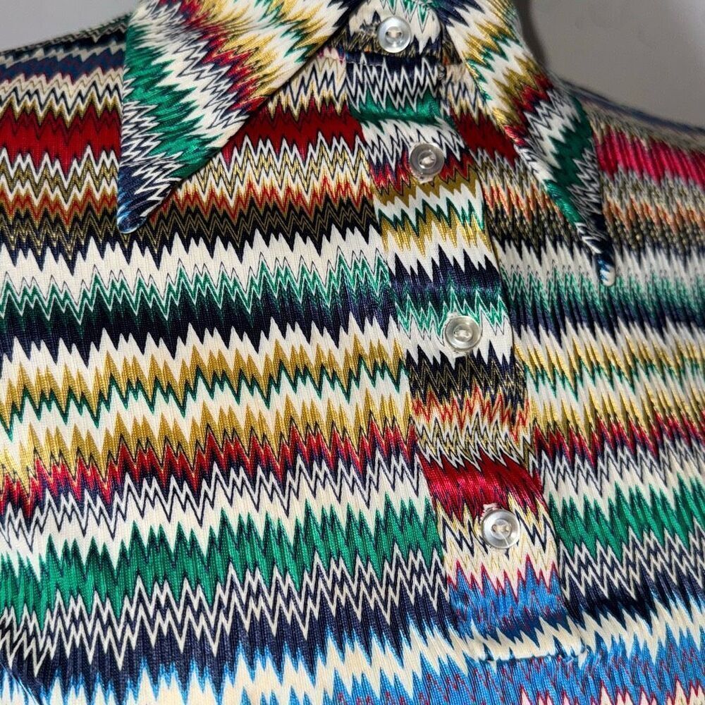 Vintage 60s Women's ZigZag Print Pointed Collar Multicolor Rainbow Stripe Size S - Picture 4 of 13